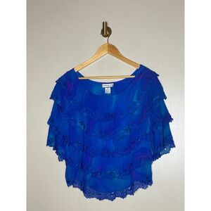 Simply Silk Blue Beaded Silk Chiffon Tiered Boho Blouse Medium